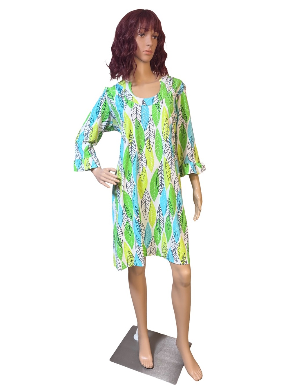 Katherine Way EUC Sz L Pretty Leaf-Print Shift Dress Lime, Aqua & White (0824)
